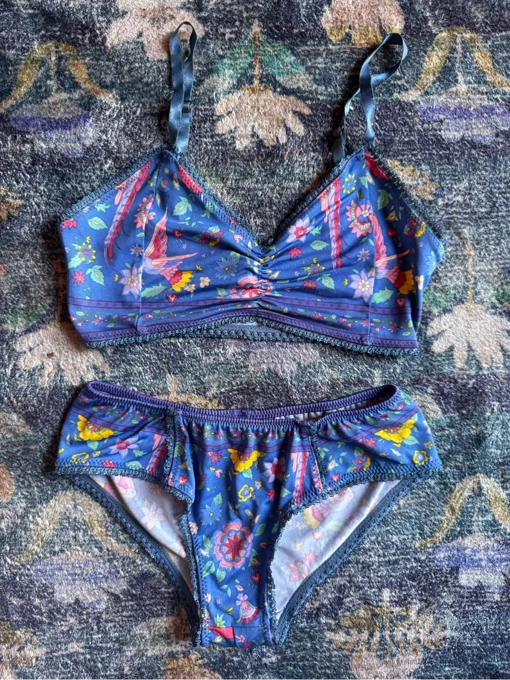 Spell Lovebird Deep Sky Blue Floral Two-Piece Bralette and Briefs Set